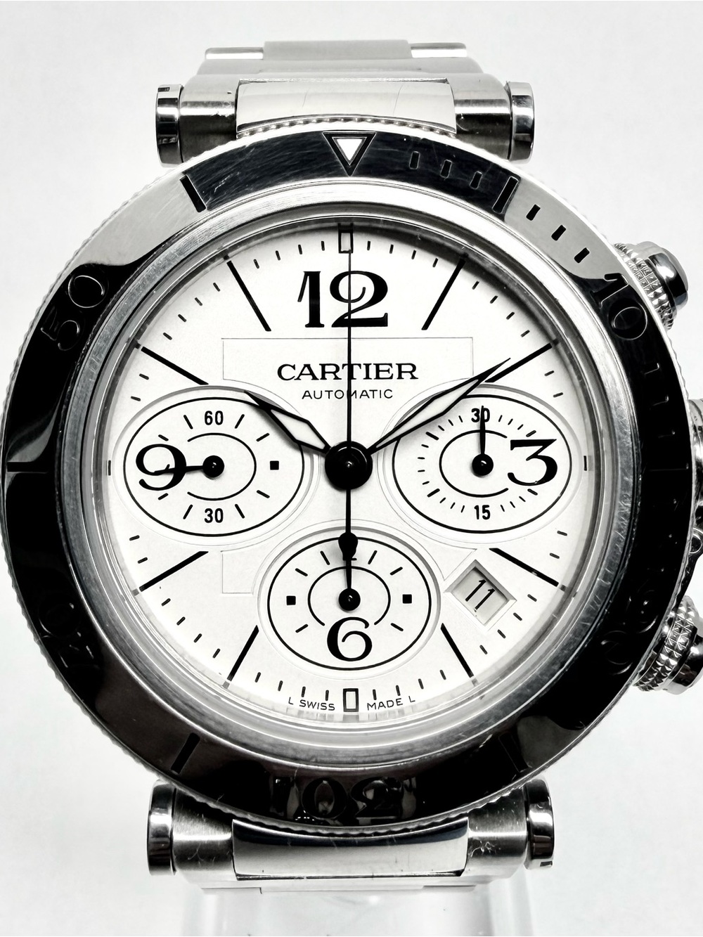CARTIER PASHA Chronograph Automatic 42mm Steel Watch White Dial